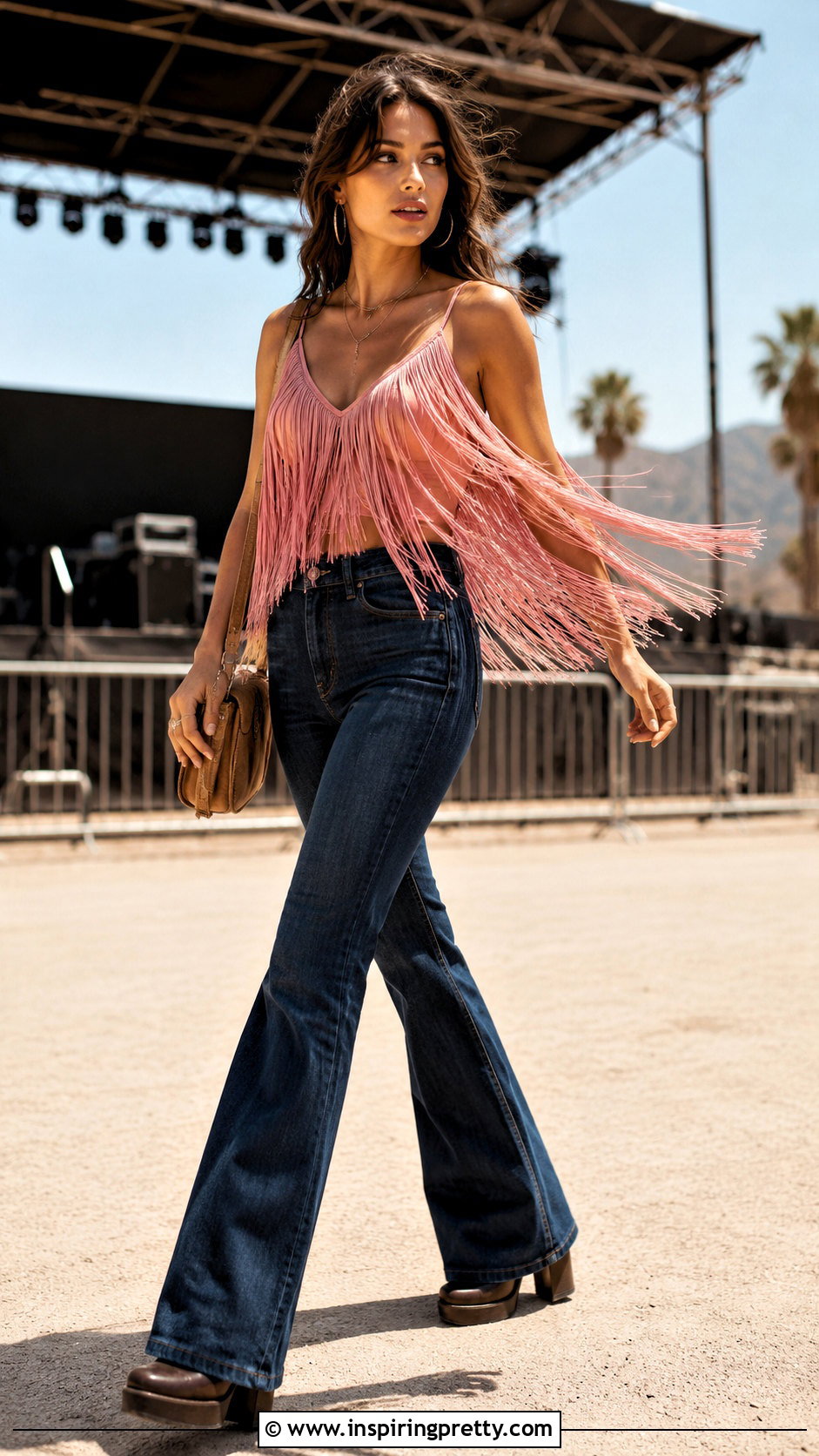 Pink Fringe Top With Flared Jeans - 20 pink fashion statement top outfit ideas
