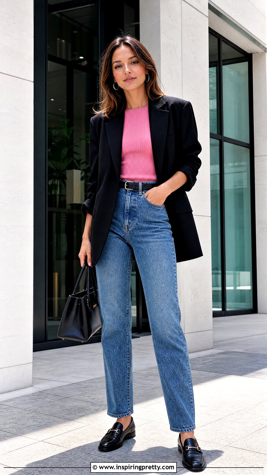 Pink Gina Top With a Black Blazer and Jeans - 25 pink gina top outfit ideas