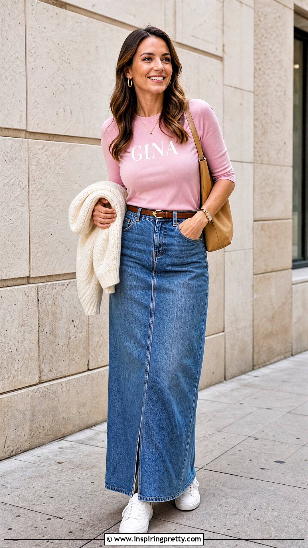 Pink Gina Top With a Denim Maxi Skirt - 25 pink gina top outfit ideas