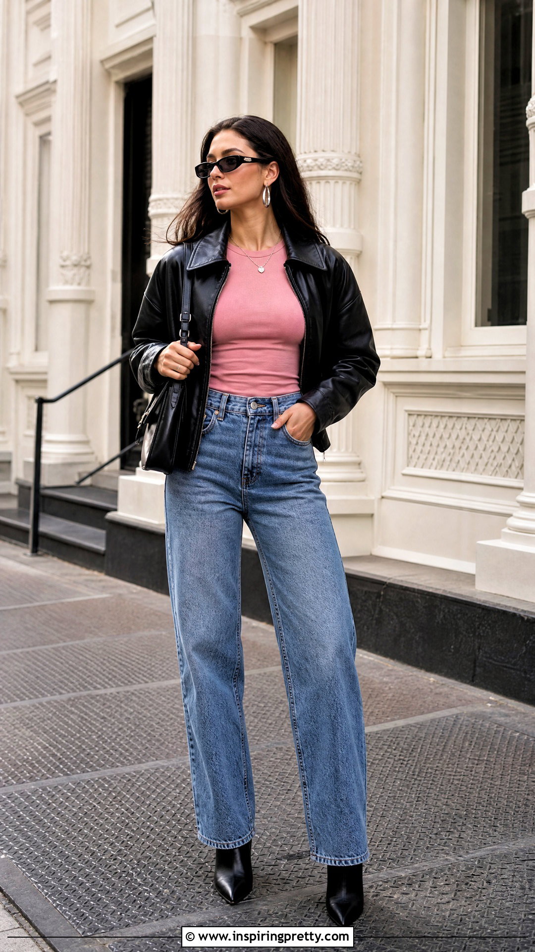 Pink Gina Top With a Leather Jacket and Jeans - 25 pink gina top outfit ideas