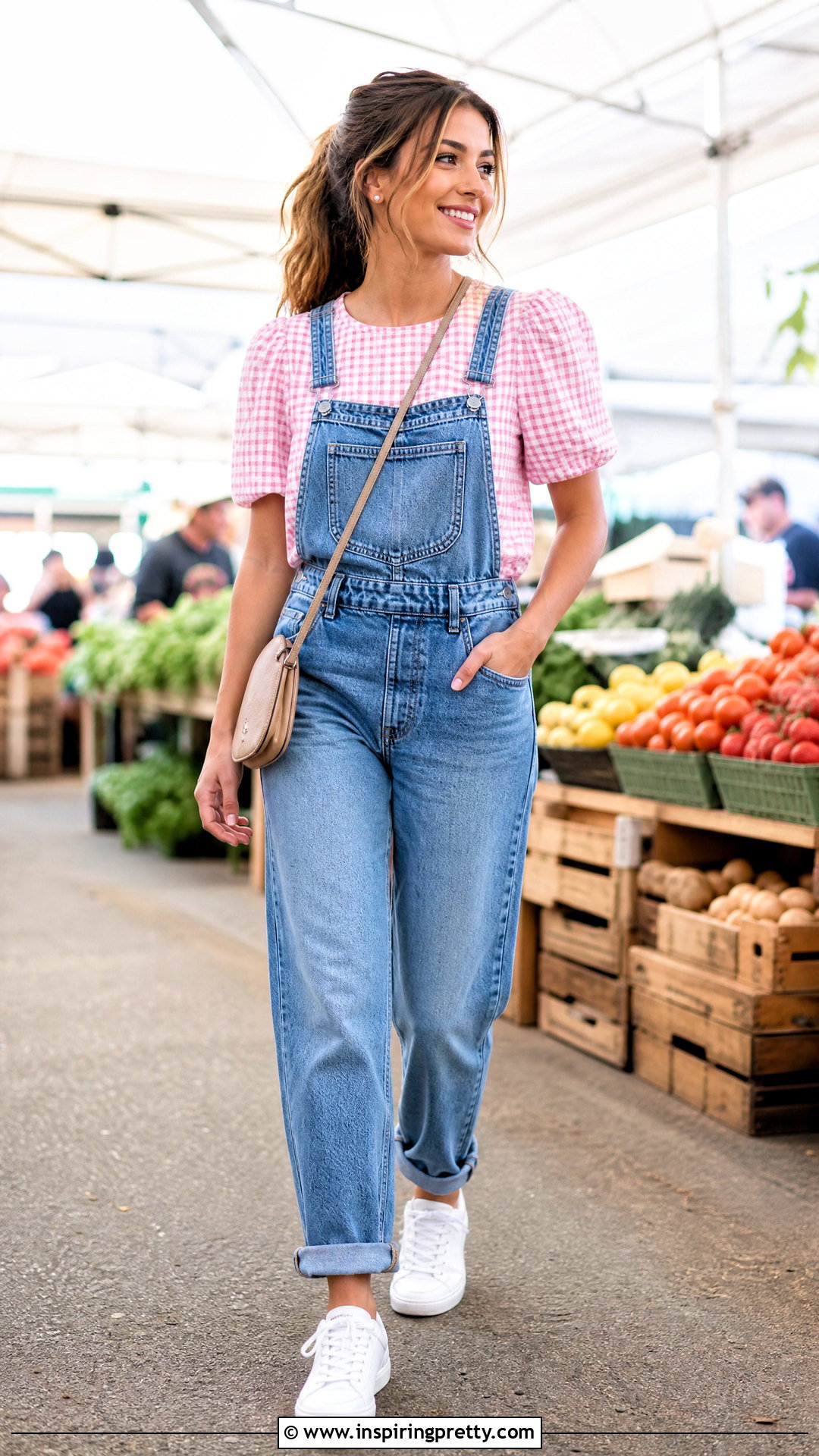 Pink Gingham Top With Denim Overalls - 50 cute pink tops outfit ideas