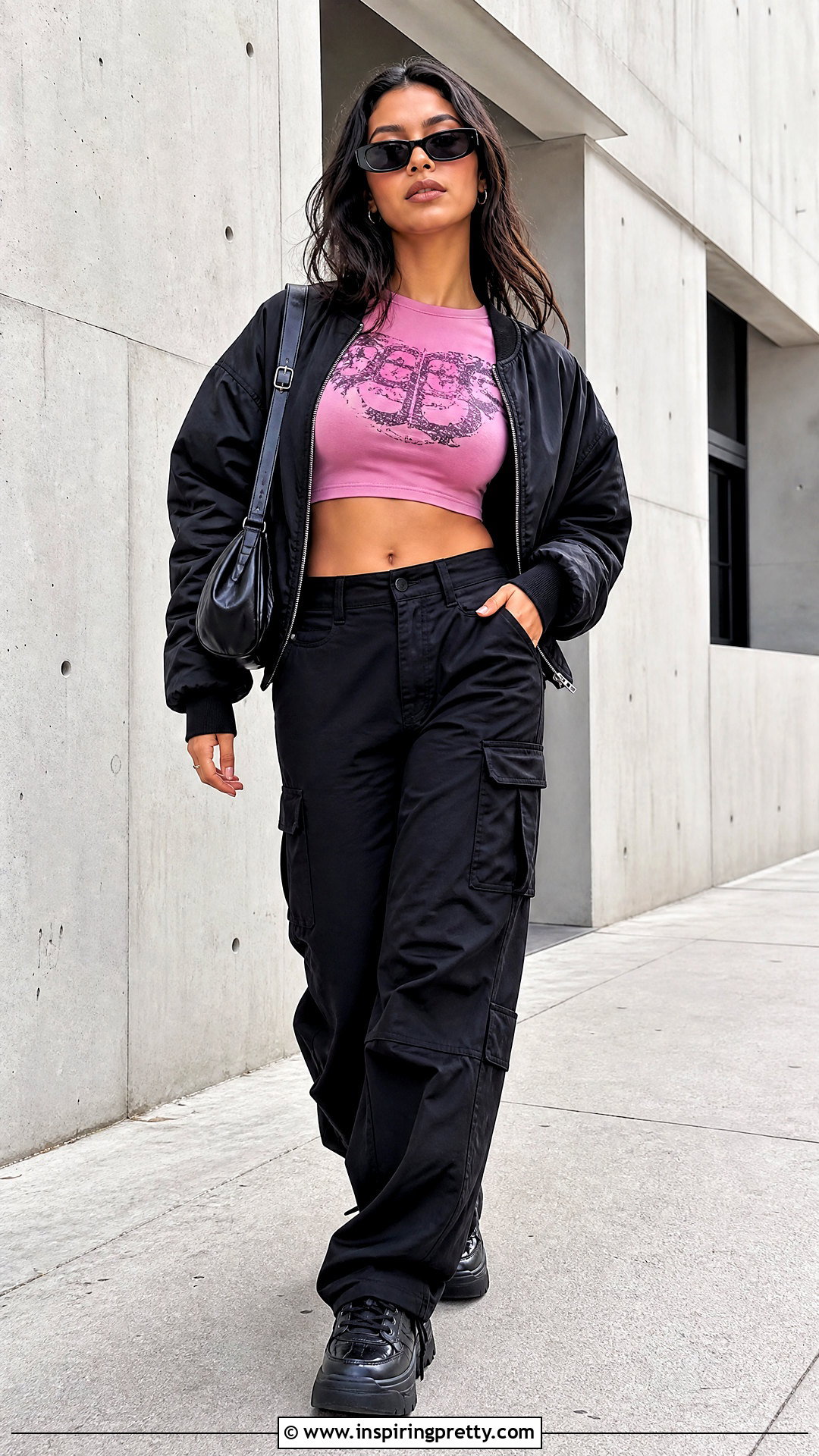 Pink Graphic Crop Top With Black Cargo Pants - 25 pink graphic crop top outfit ideas