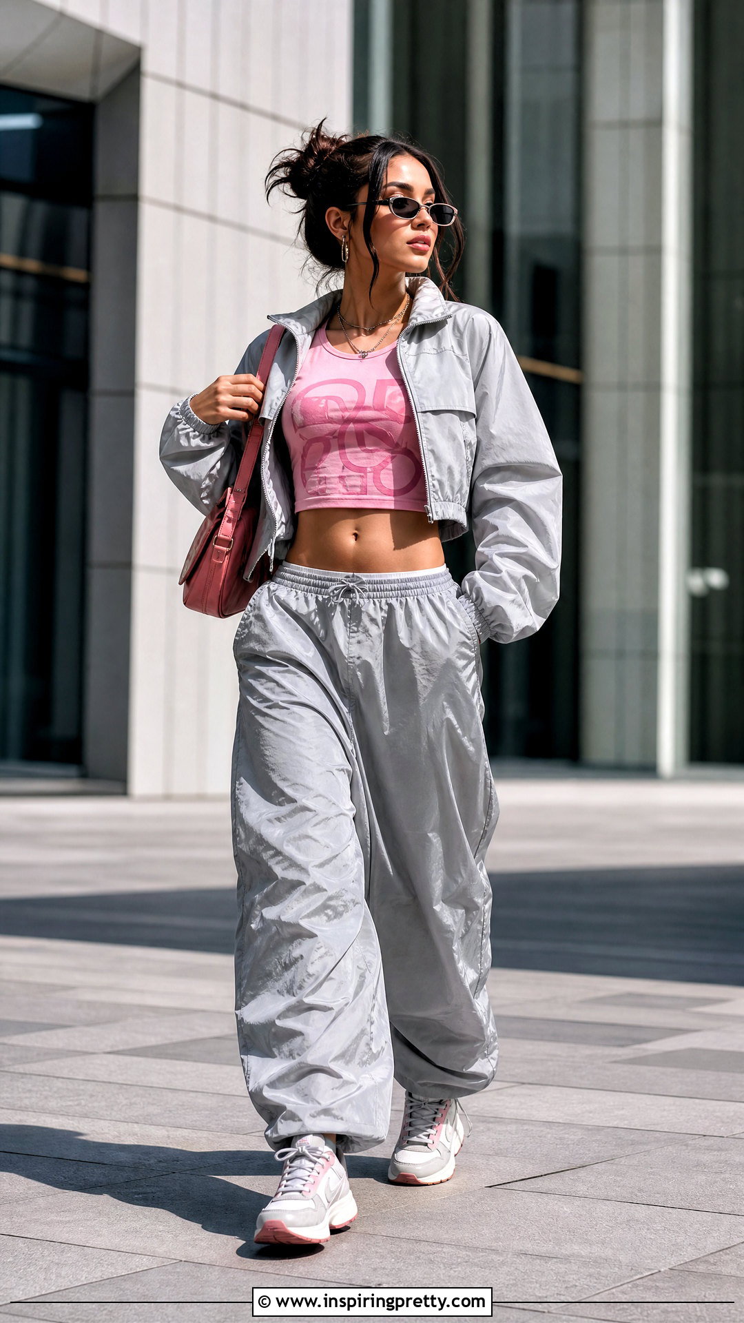 Pink Graphic Crop Top With Parachute Pants - 25 pink graphic crop top outfit ideas