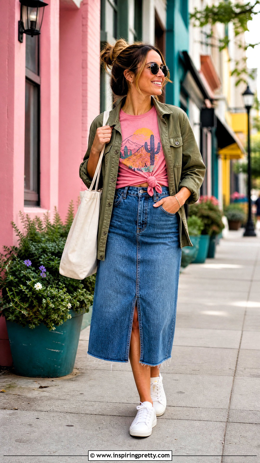 Pink Graphic T Shirt With Denim Skirt - 50 cute pink tops outfit ideas