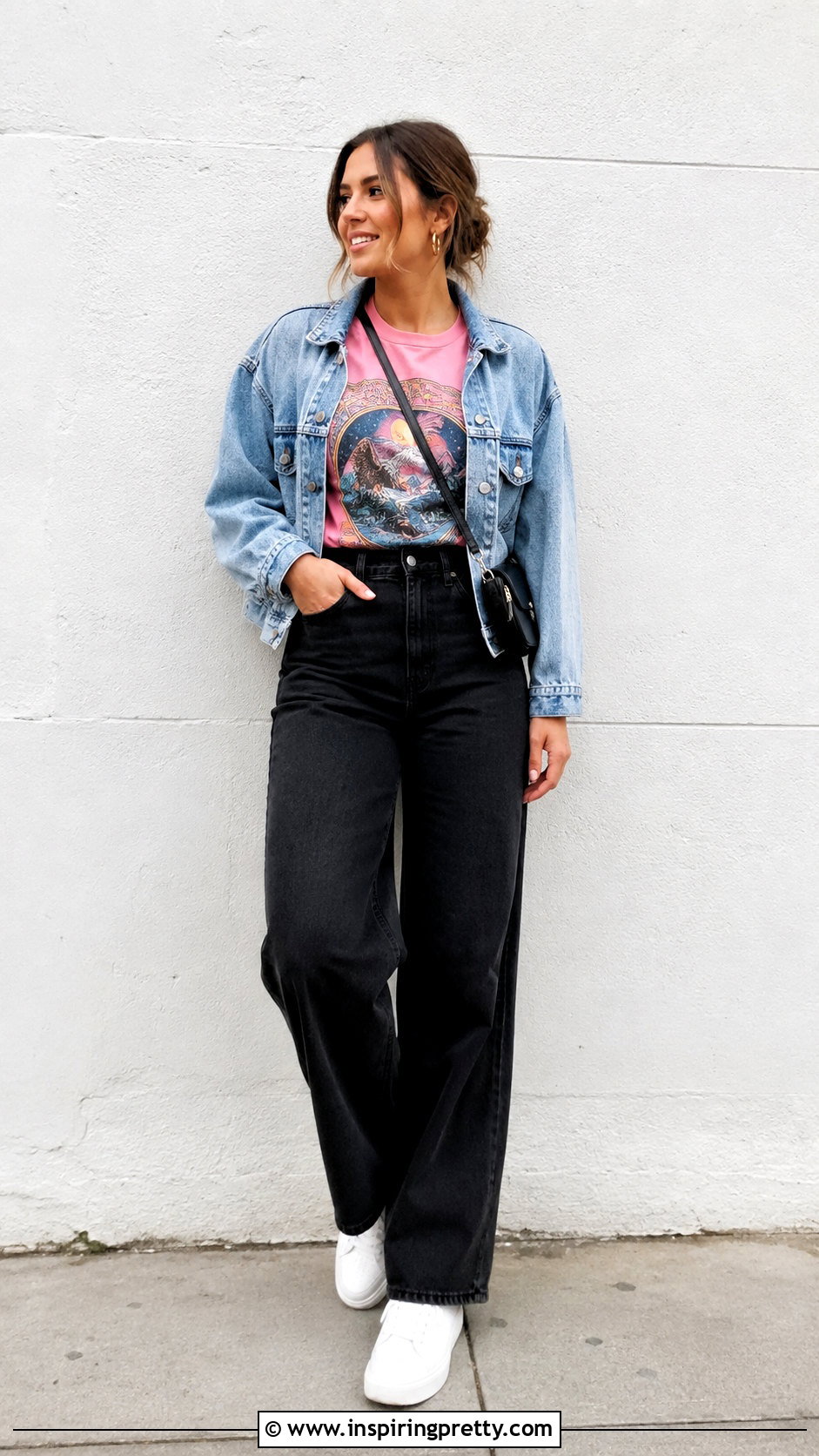 Pink Graphic Tee With Black Jeans - 50 pink tops outfit ideas
