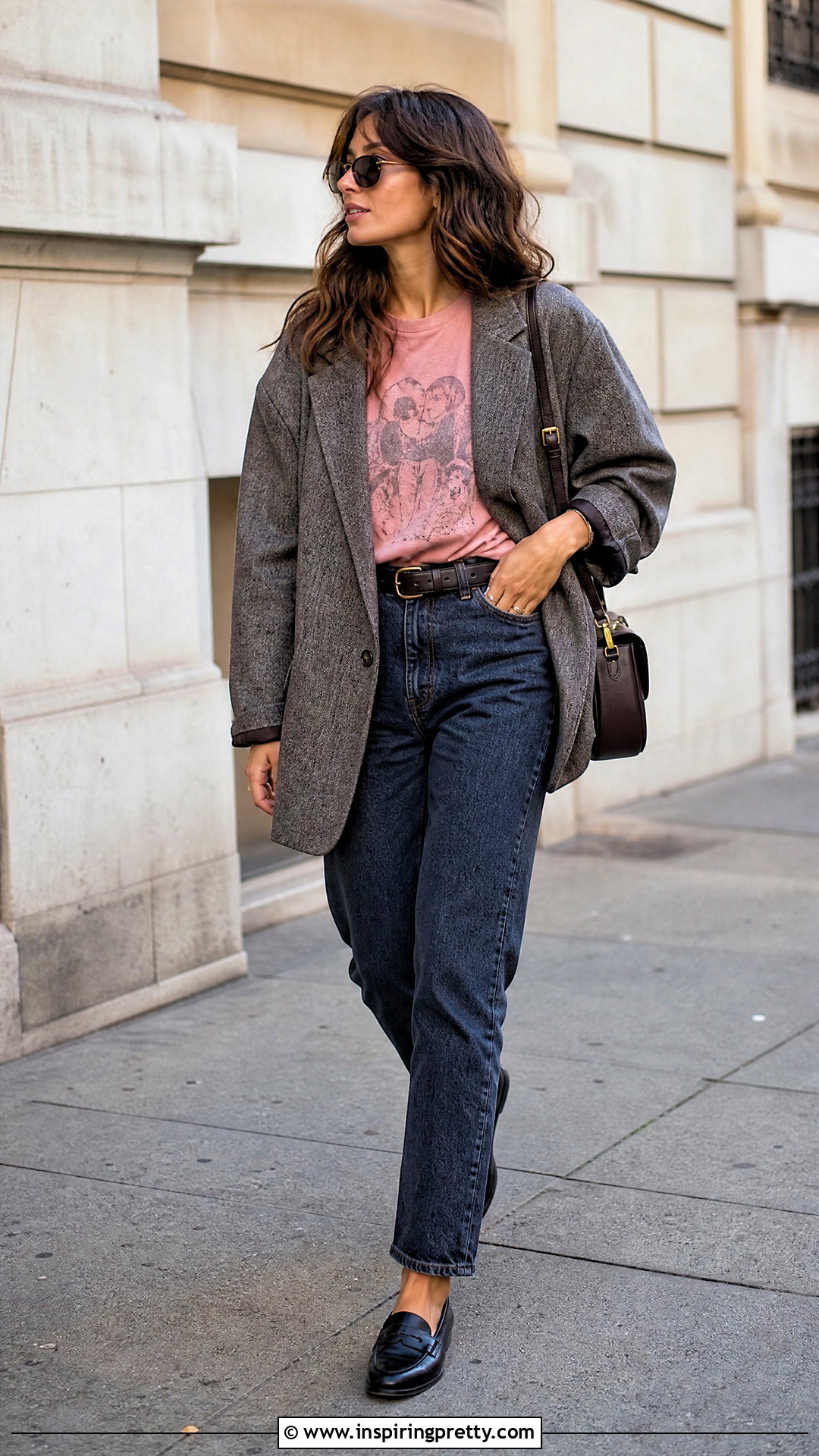 Pink Graphic Tee With Blazer And Jeans - 20 fall fashion pink top outfit ideas