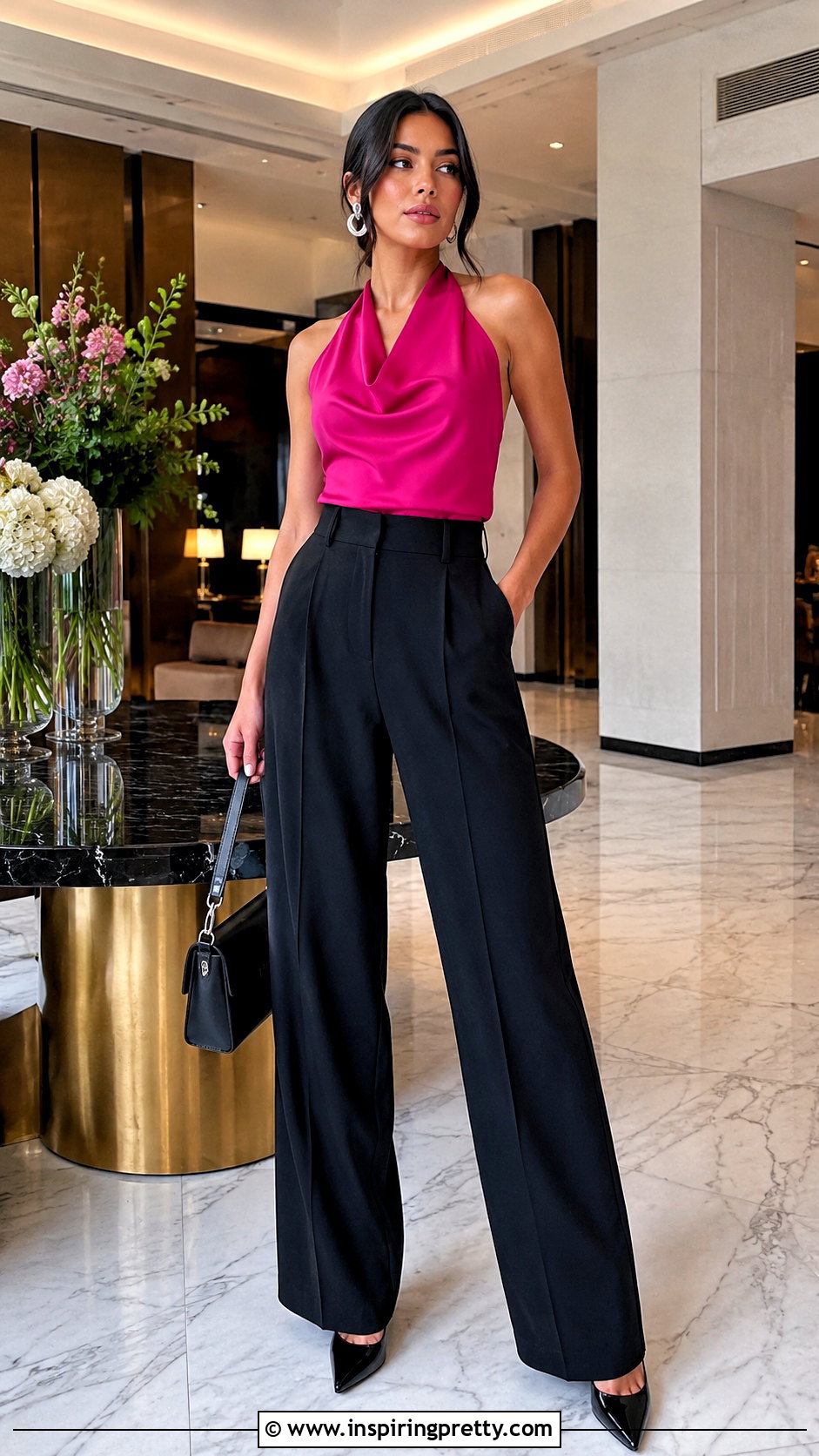 Pink Halter Top With Black Tailored Pants And Heels - 50 pink halter top outfit ideas