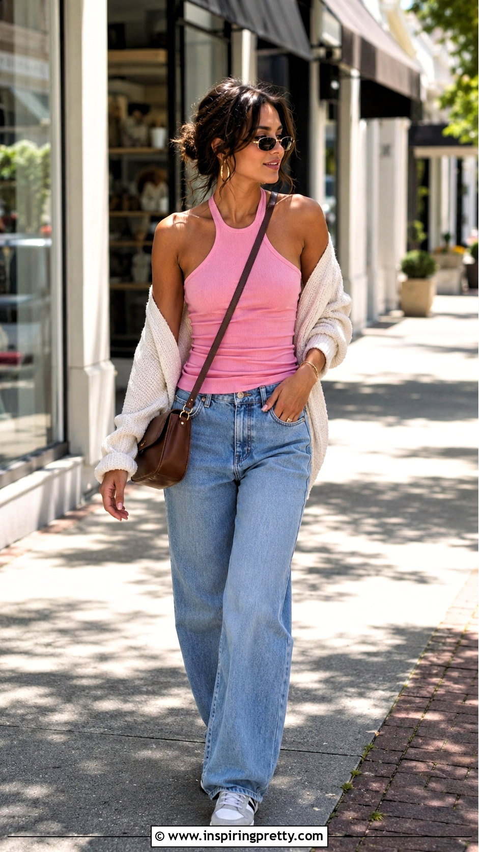 Pink Halter Top With Cardigan And Relaxed Jeans - 50 pink halter top outfit ideas