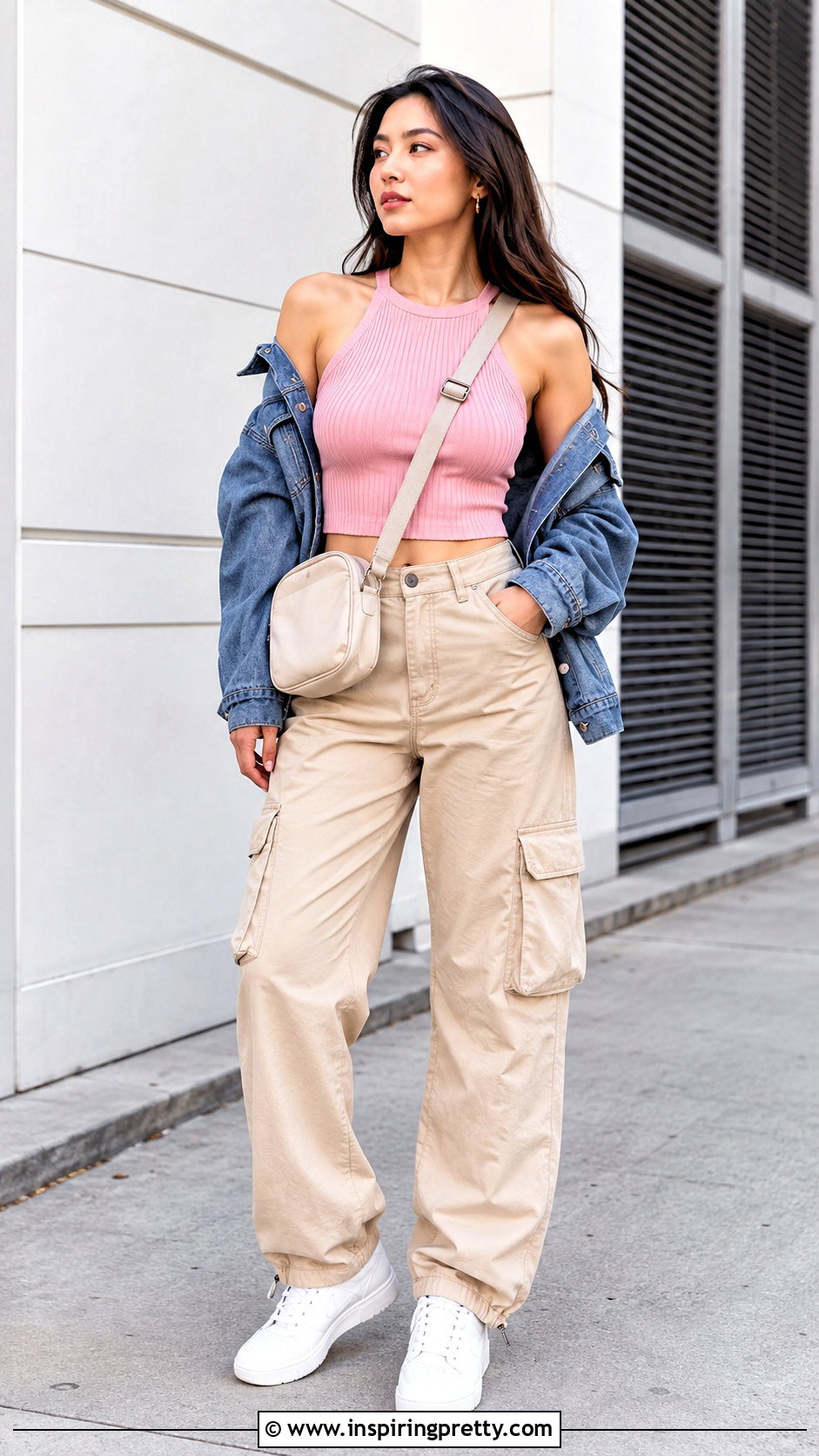 Pink Halter Top With Denim Jacket And Cargo Pants - 50 pink halter top outfit ideas