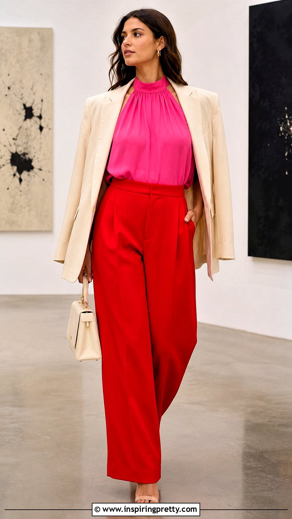Pink Halter Top With Red Trousers And Neutral Heels - 50 pink halter top outfit ideas
