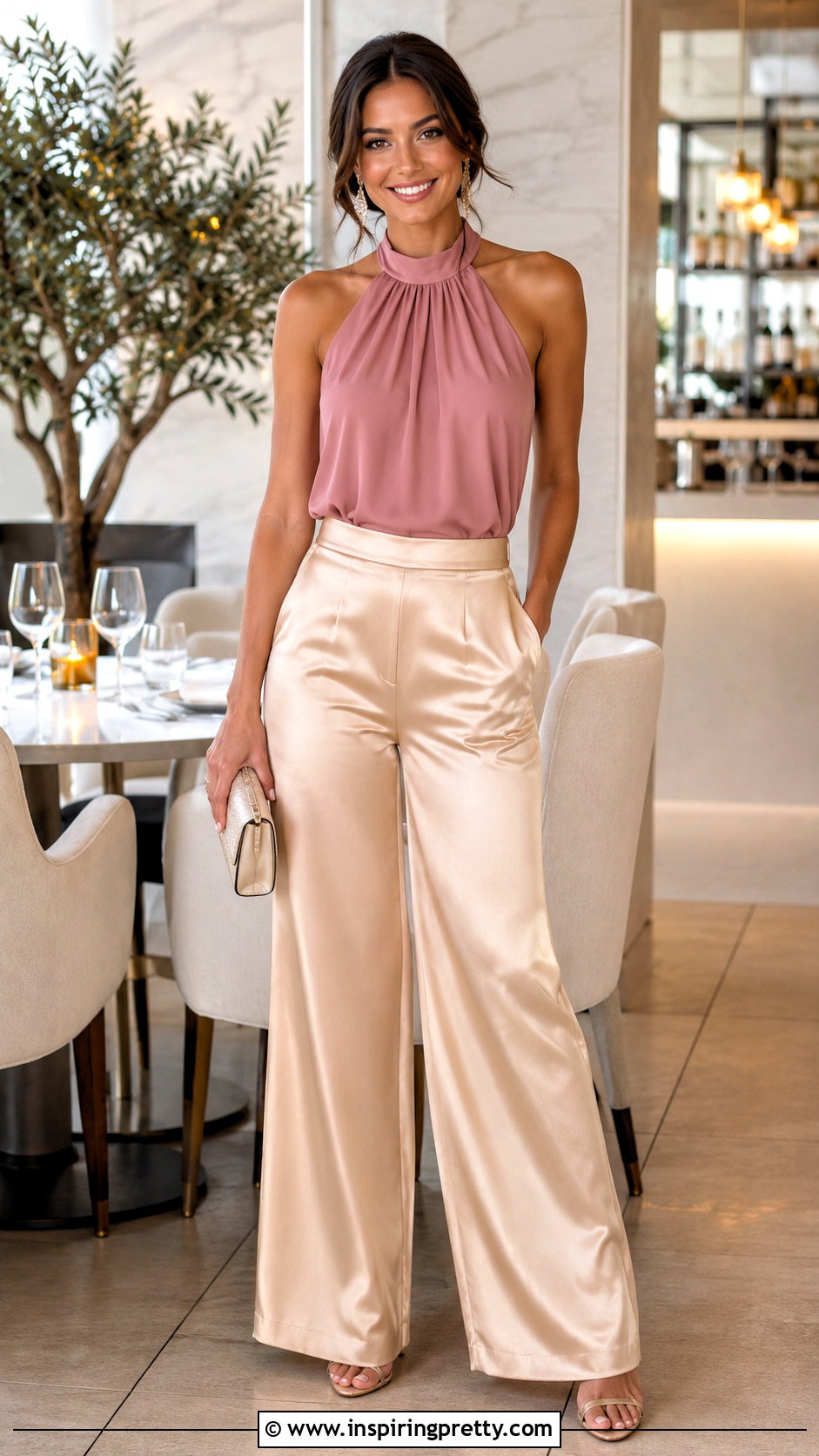 Pink Halter Top With Satin Wide Leg Pants - 50 pink halter top outfit ideas