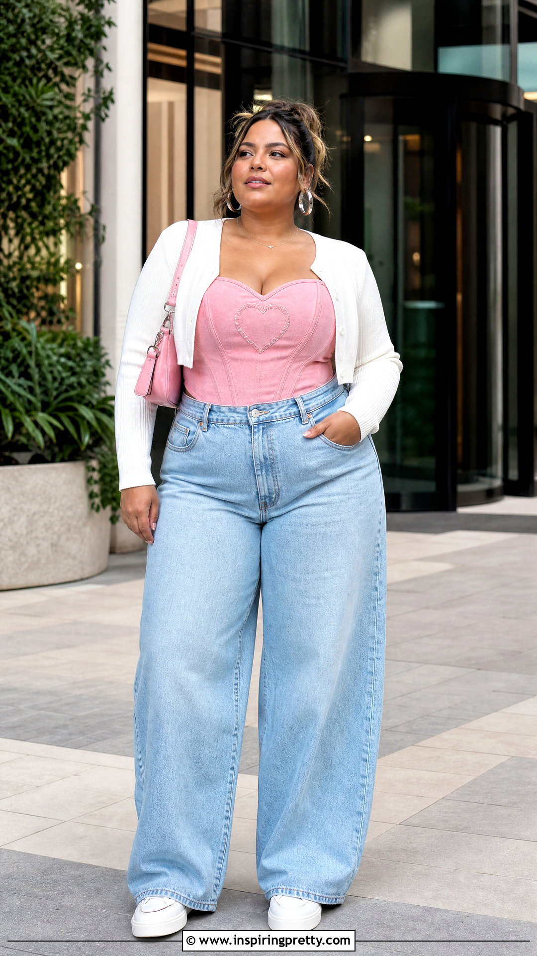 Pink Heart Corset Top With Wide Leg Jeans - 25 pink heart corset top outfit ideas