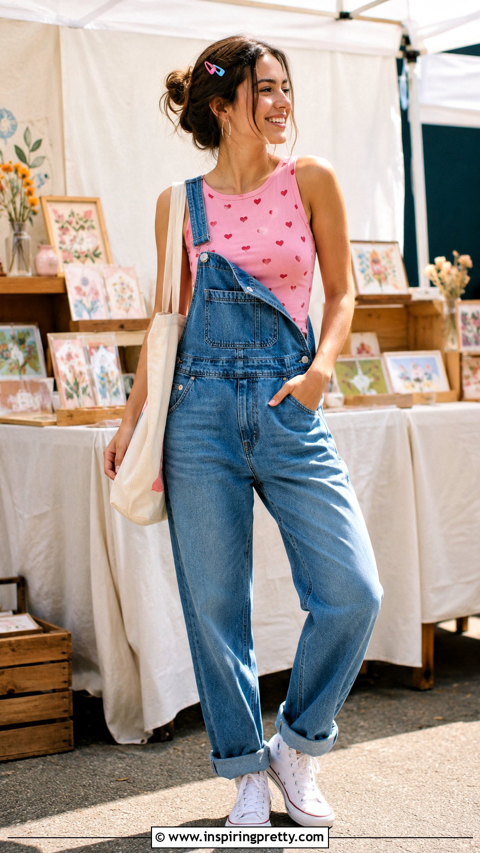Pink Heart Tank Top With Denim Overalls - 20 pink tank top with heart design outfit ideas