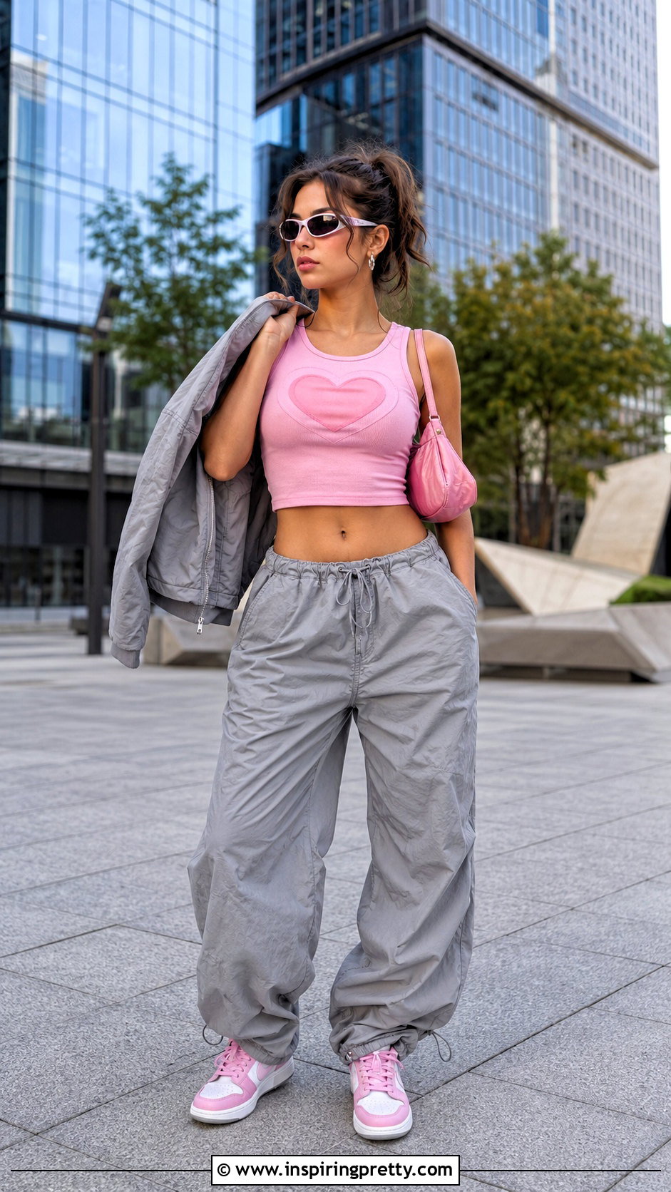 Pink Heart Tank Top With Gray Parachute Pants - 20 pink tank top with heart design outfit ideas