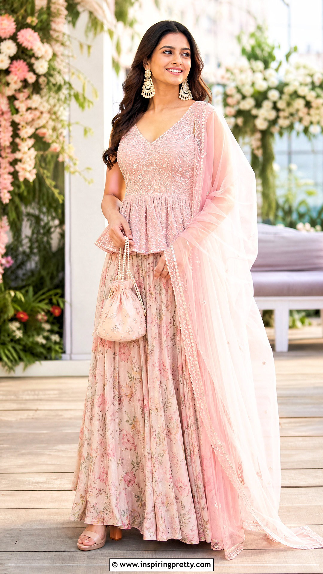 Pink Indian Peplum Top With Floral Lehenga - 50 indian peplum top outfits