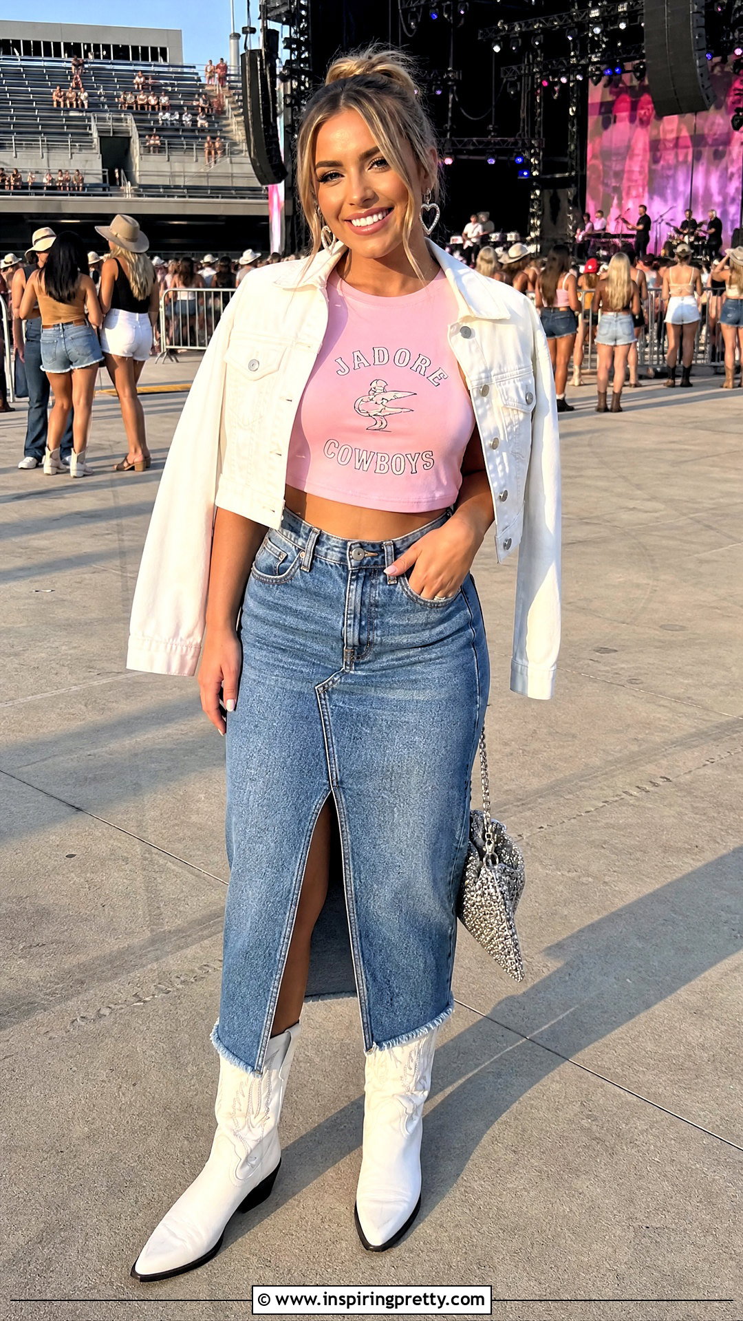 Pink Jadore Cowboys Crop Top With Denim Midi Skirt - 20 Jadore Cowboys Tops