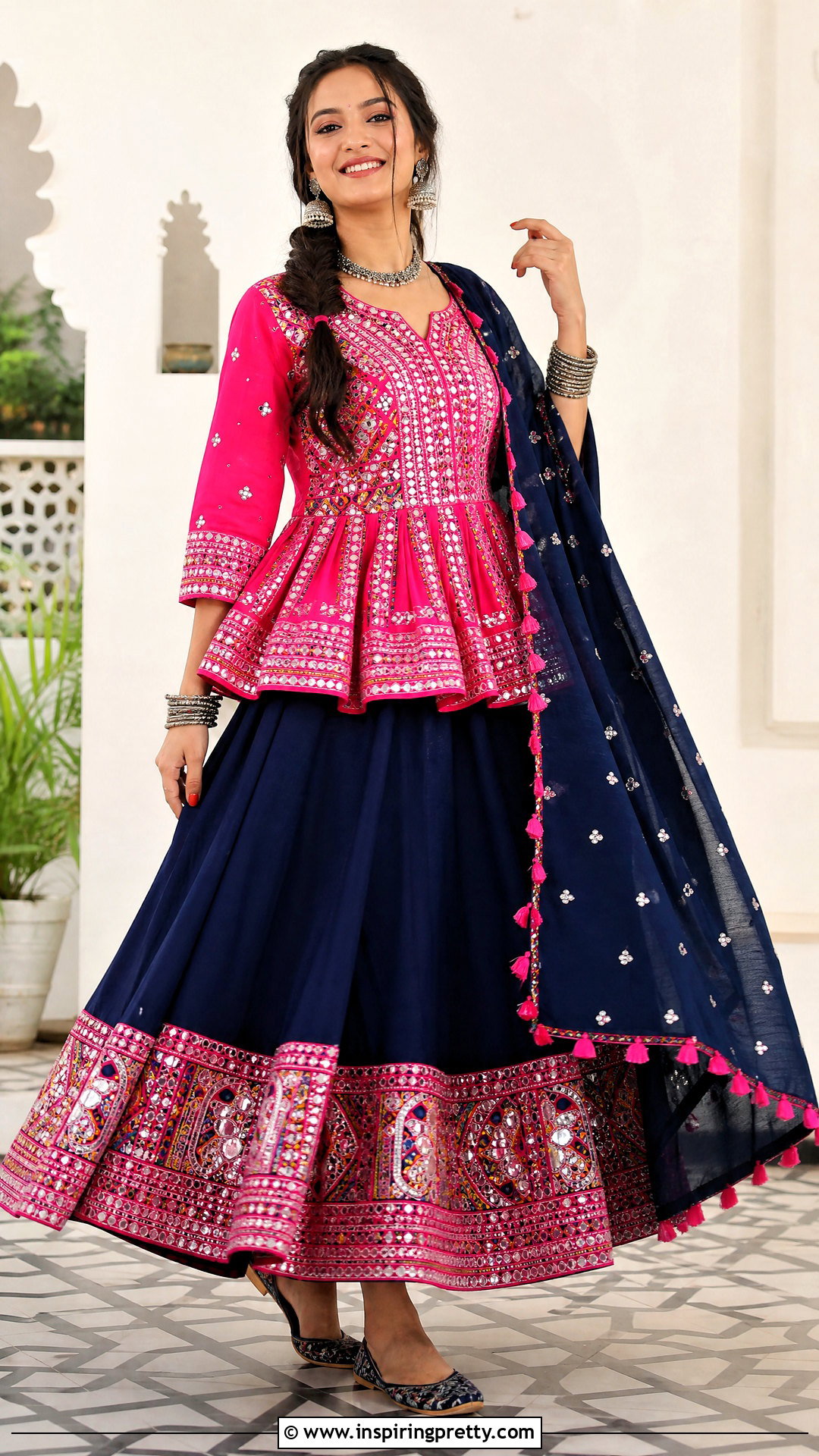 Pink Kediyu With Navy Lehenga - 50 Kediyu Top For Navratri outfit ideas