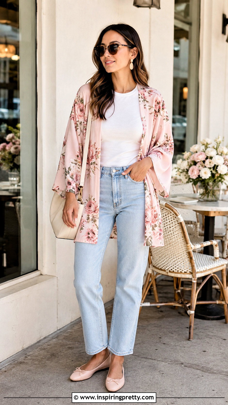 Pink Kimono Top With Light Wash Jeans - 50 kimono top outfit ideas