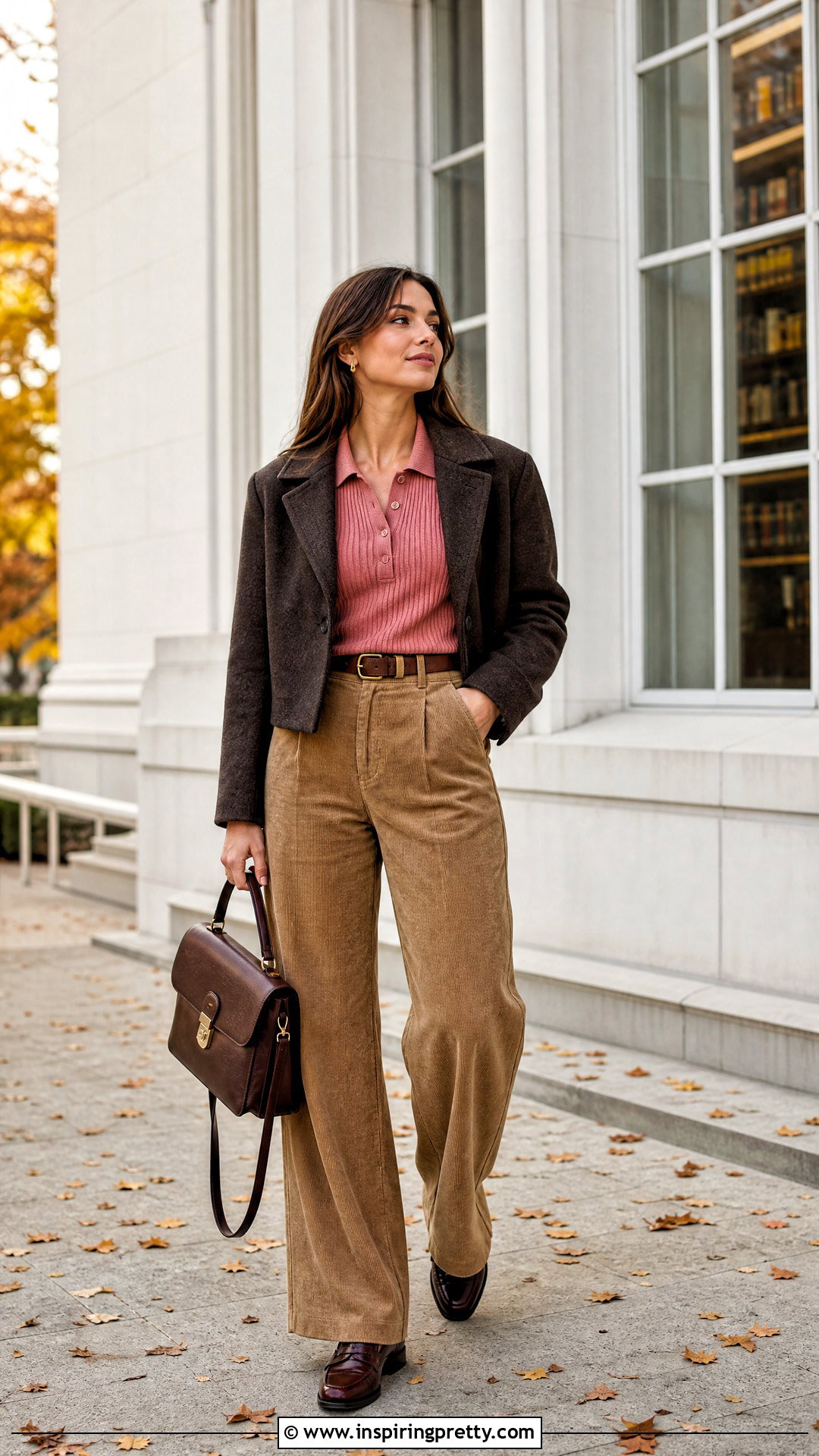 Pink Knit Polo With Corduroy Pants - 20 fall fashion pink top outfit ideas