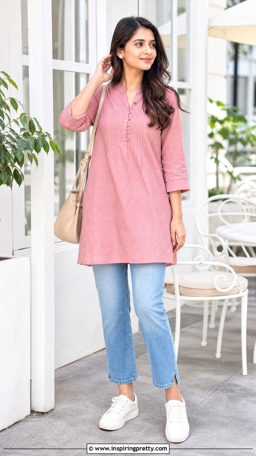 Pink Kurti With Cropped Jeans - 50 kurti tops for jeans