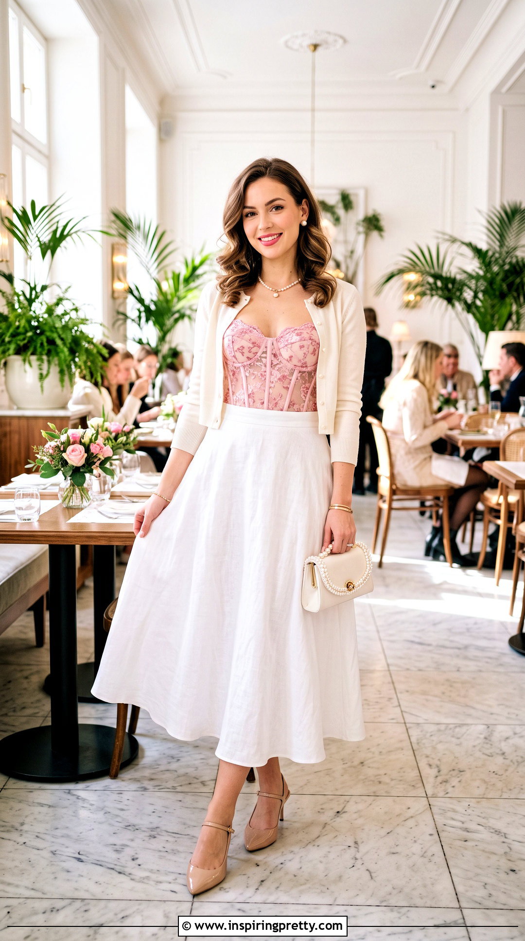Pink Lace Corset Top With White Midi Skirt - 20 valentines corset tops