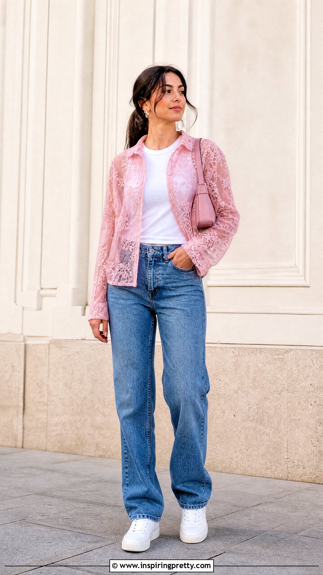 Pink Lace Top Over A White T Shirt - 50 pink lace top outfit ideas