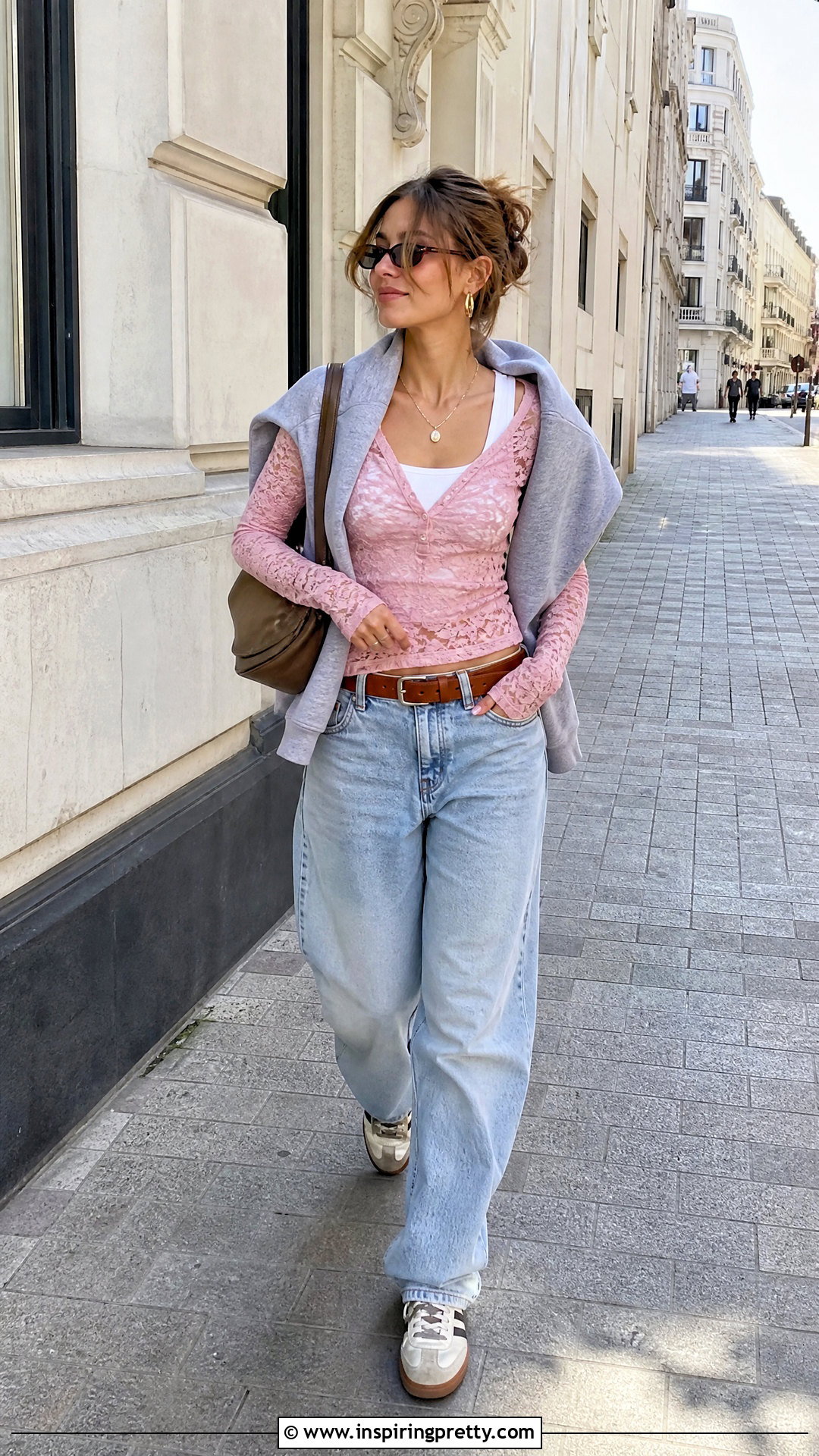 Pink Lace Top With Baggy Blue Jeans - 20 brandy melville pink lace top outfit ideas
