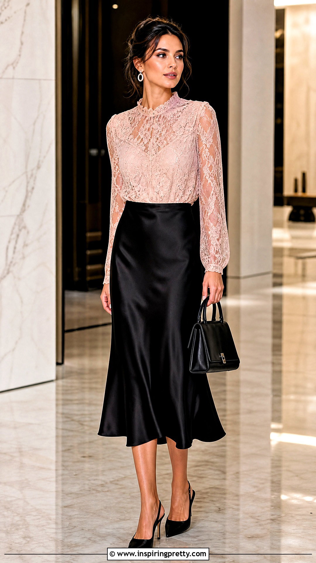 Pink Lace Top With Black Satin Midi Skirt - 50 pink lace top outfit ideas