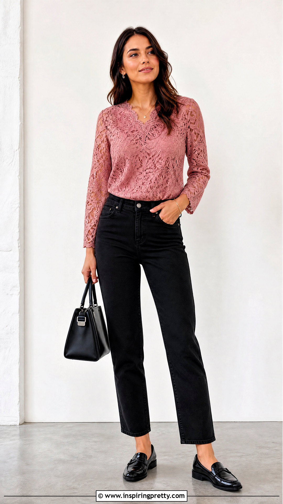 Pink Lace Top With Black Straight Leg Jeans - 50 pink lace top outfit ideas