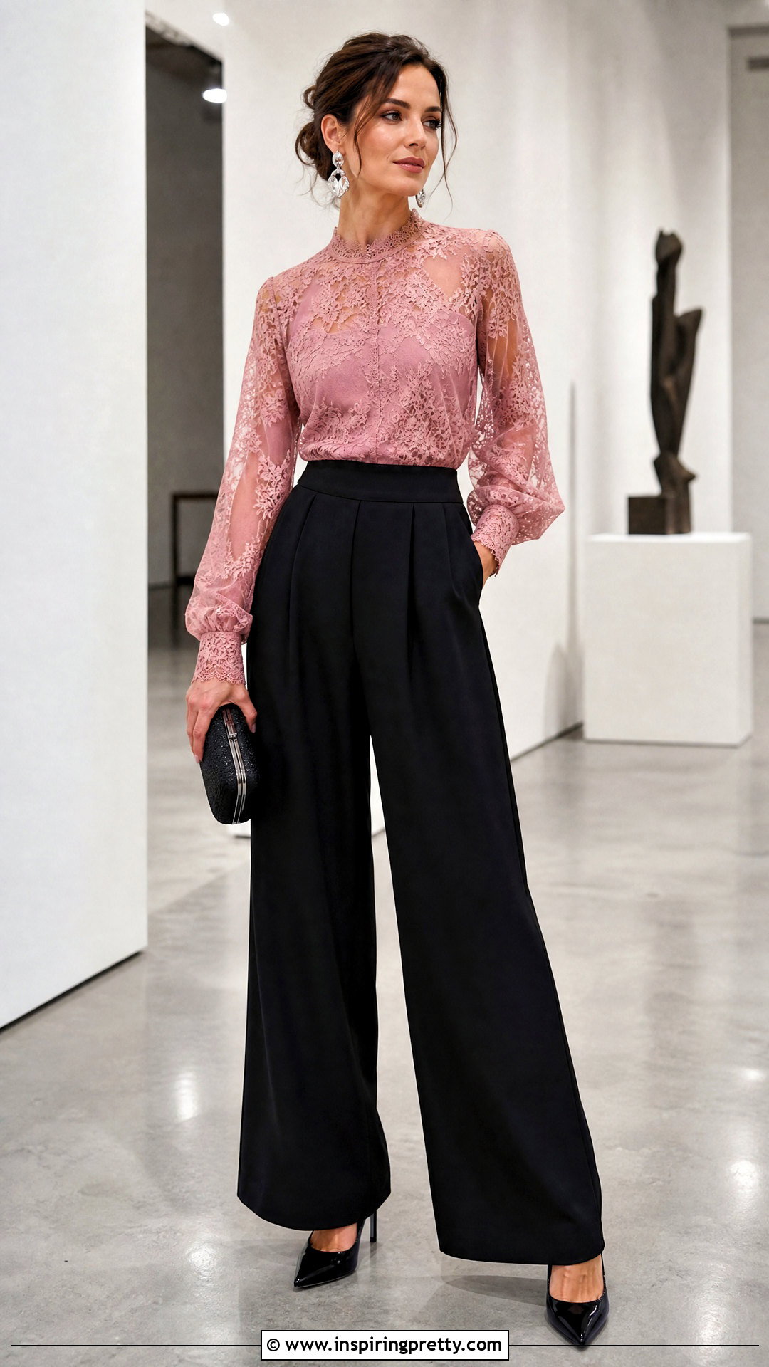 Pink Lace Top With Black Wide Leg Trousers - 50 pink lace top outfit ideas