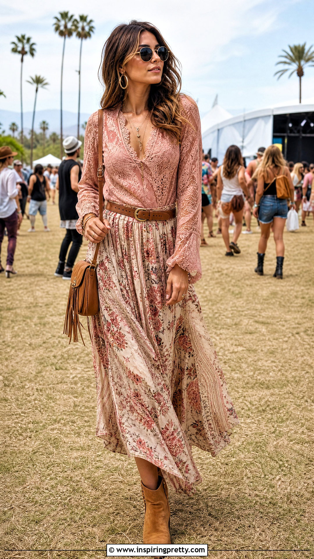 Pink Lace Top With Boho Maxi Skirt - 50 pink lace top outfit ideas