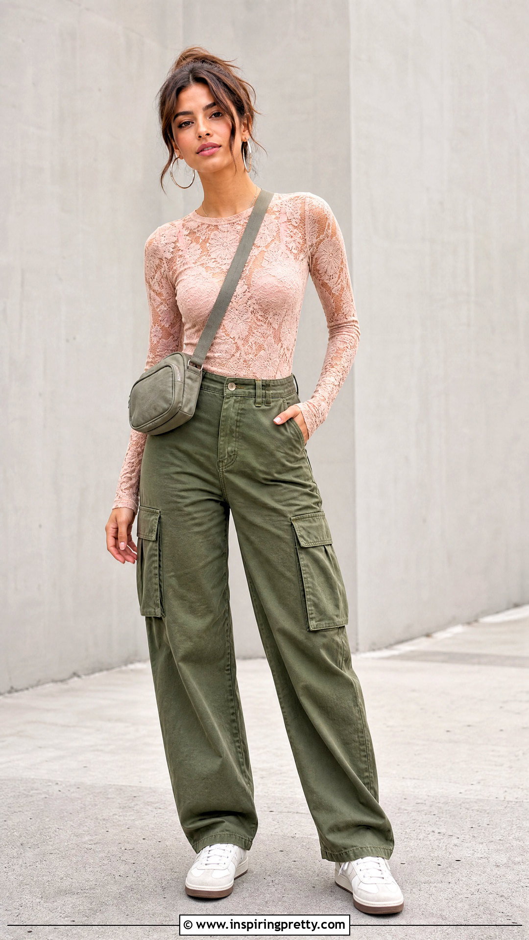 Pink Lace Top With Cargo Pants - 50 pink lace top outfit ideas