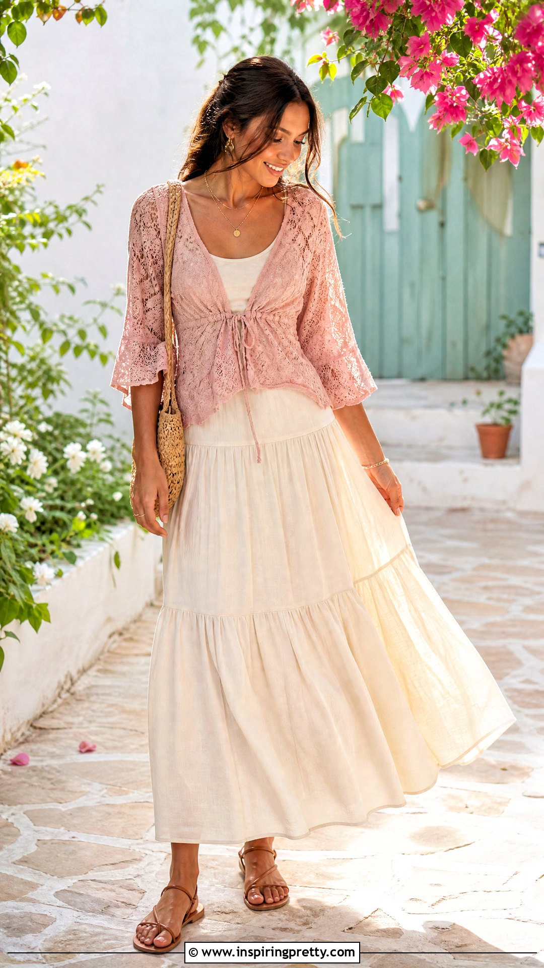 Pink Lace Top With Cream Maxi Skirt - 20 brandy melville pink lace top outfit ideas