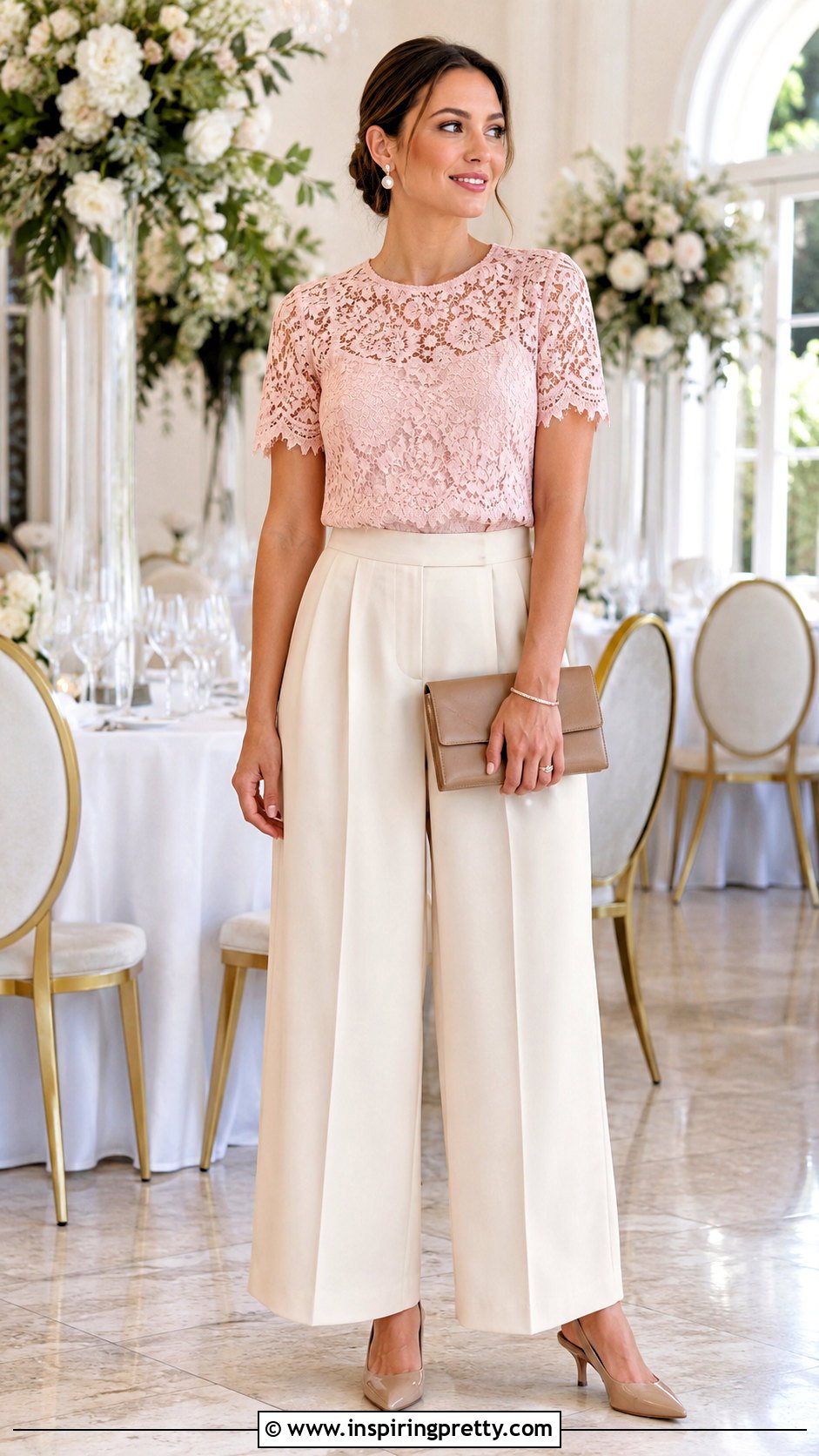 Pink Lace Top With Cream Trousers - 50 pink tops outfit ideas