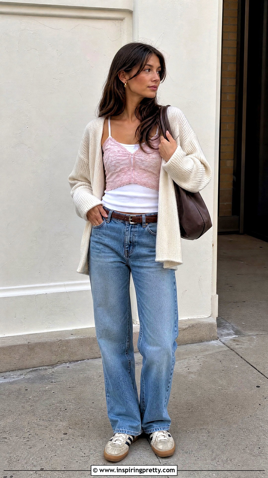 Pink Lace Top With Oversized Cardigan And Jeans - 20 brandy melville pink lace top outfit ideas