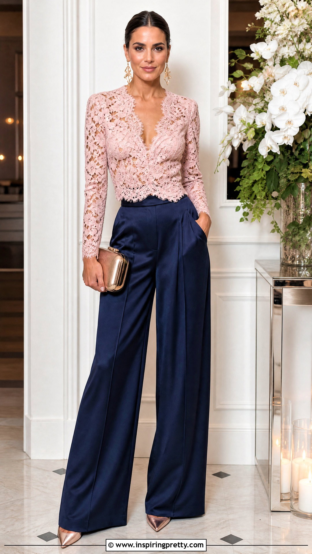 Pink Lace Top With Satin Wide Leg Pants - 50 pink lace top outfit ideas