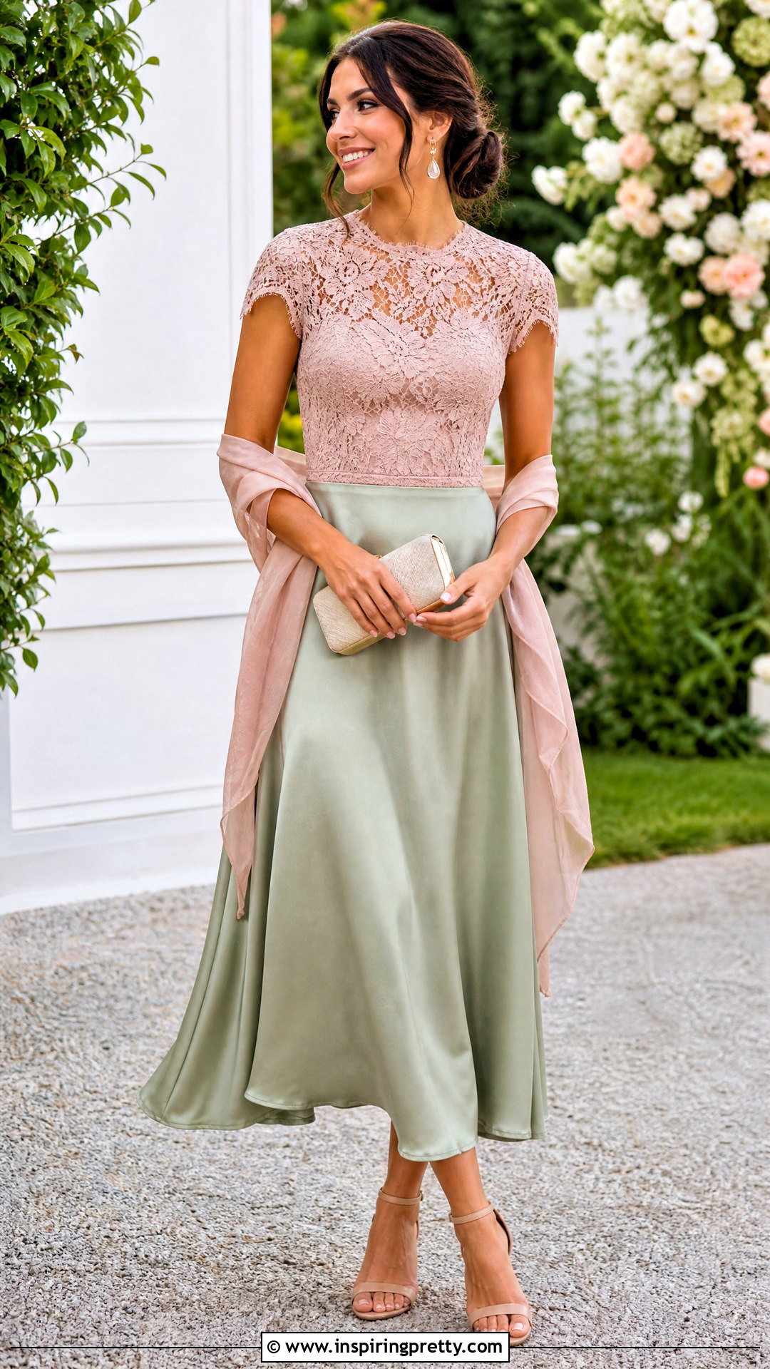 Pink Lace Top With Wedding Guest Midi Skirt - 50 pink lace top outfit ideas