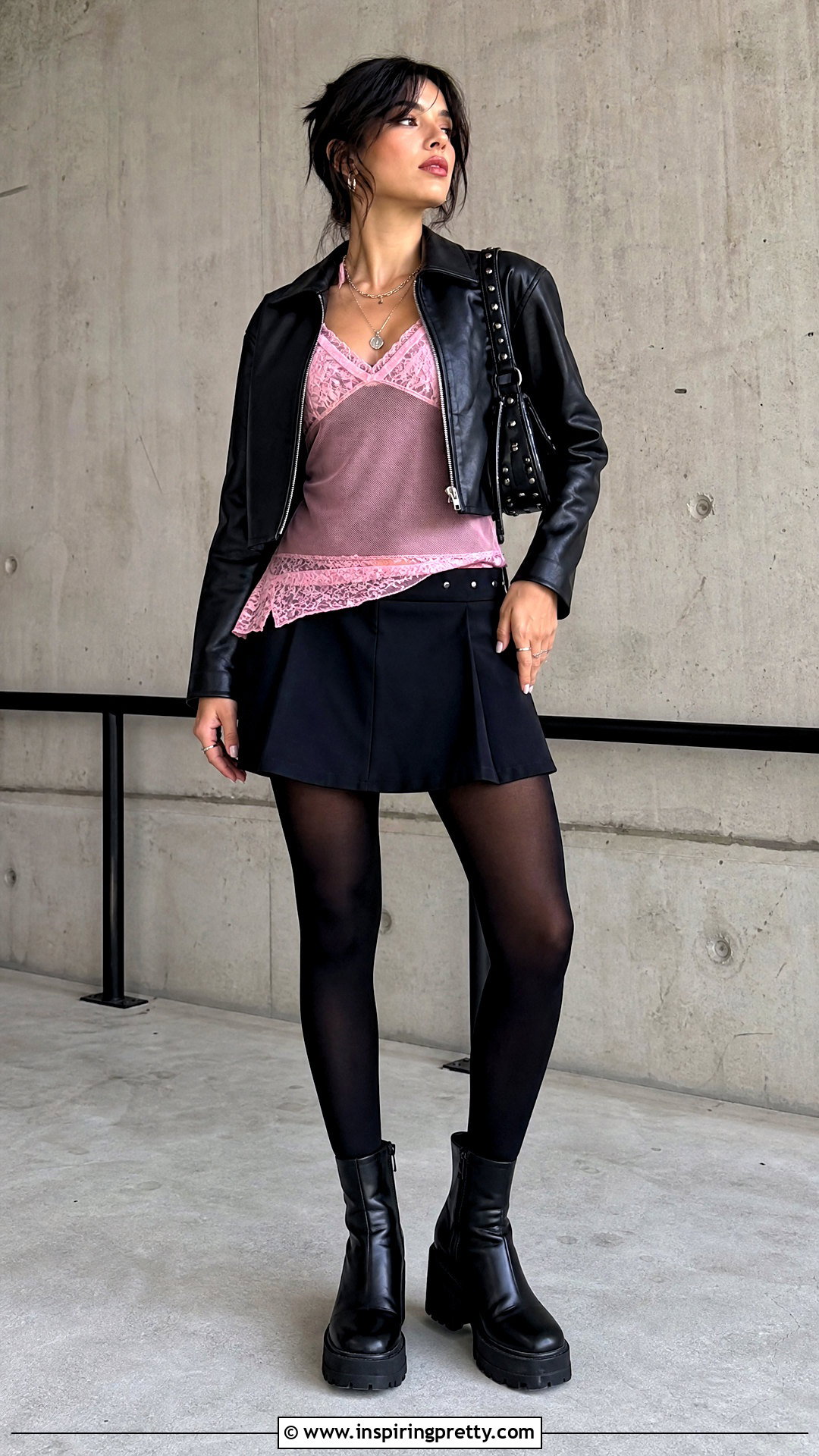 Pink Layered Tank Top With Leather Jacket And Mini Skirt - 20 urban outfitters pink tank tops