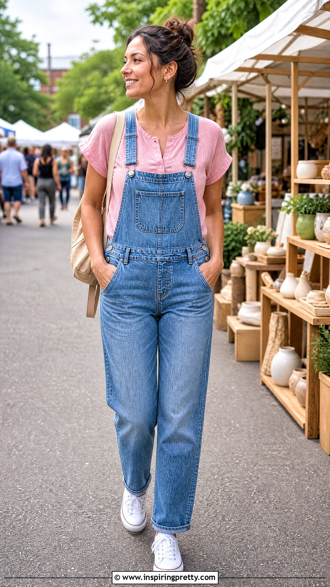 Pink Linen Top With Denim Overalls - 20 Casual Pink Linen Top outfit ideas