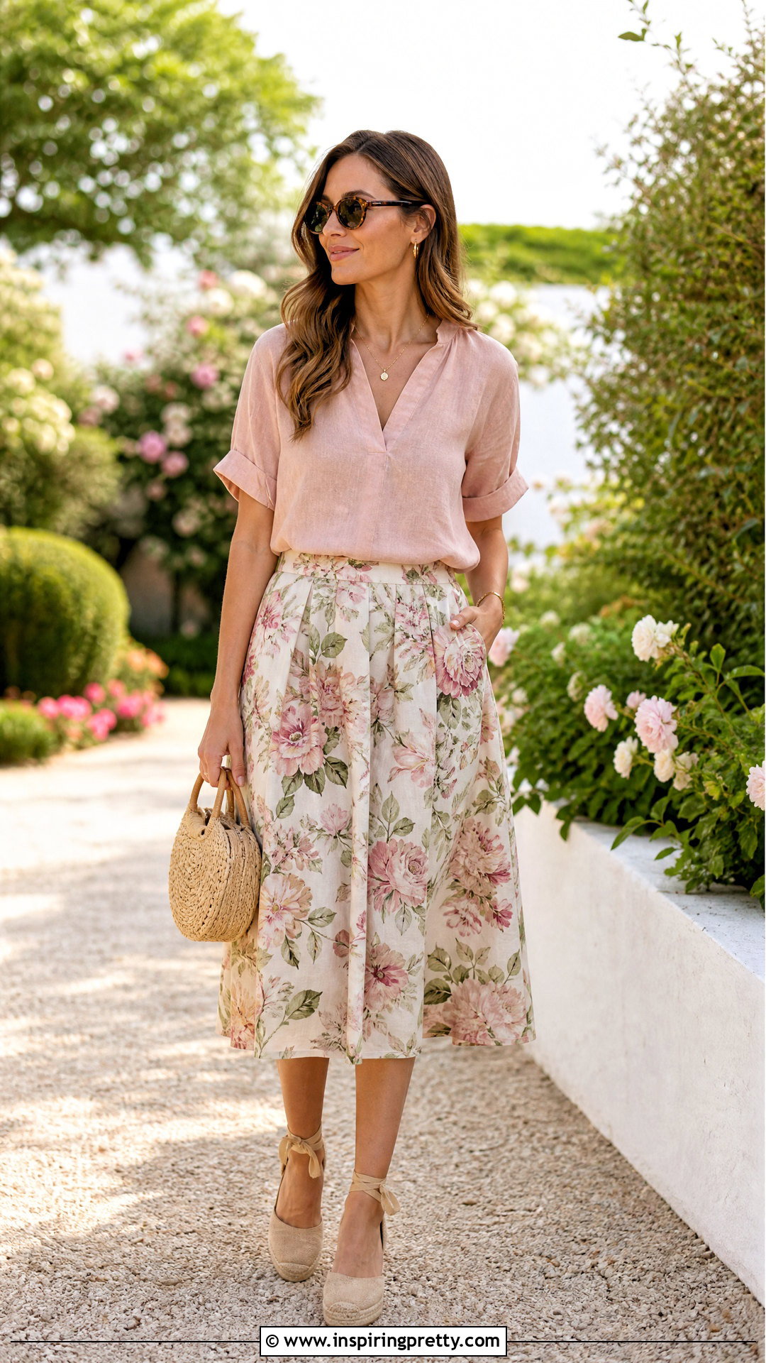 Pink Linen Top With Floral Midi Skirt - 20 Casual Pink Linen Top outfit ideas