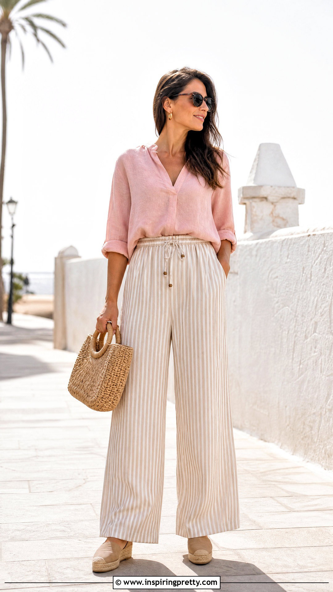 Pink Linen Top With Striped Pants - 20 Casual Pink Linen Top outfit ideas