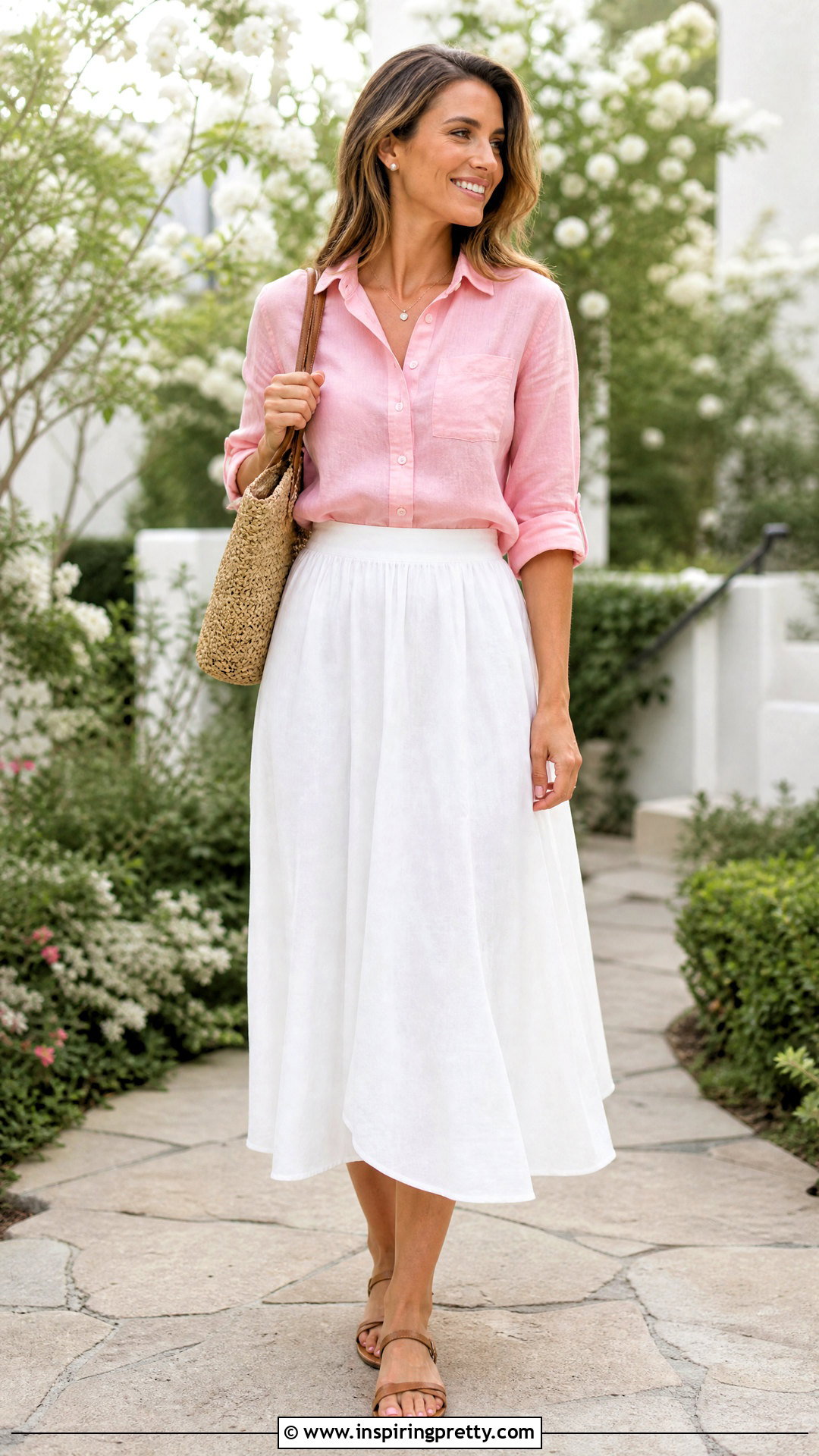 Pink Linen Top With White Midi Skirt - 20 Casual Pink Linen Top outfit ideas