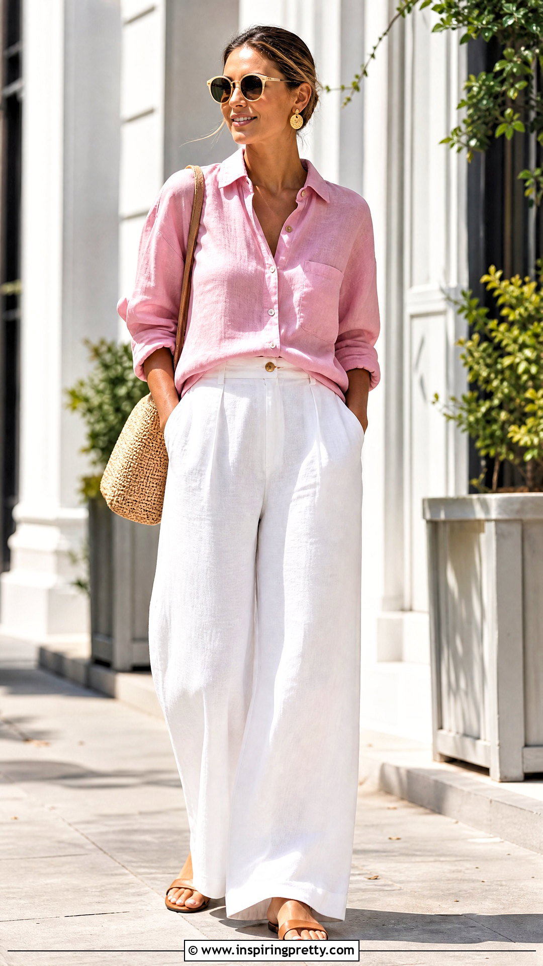 Pink Linen Top With White Wide Leg Pants - 20 Casual Pink Linen Top outfit ideas