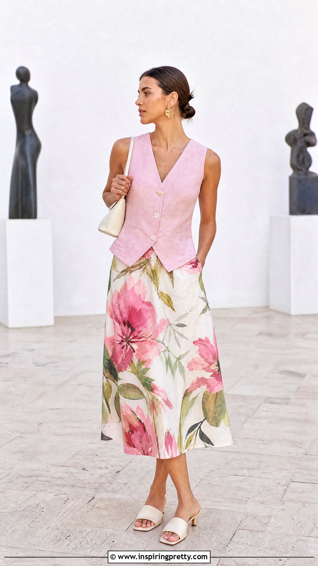 Pink Linen Vest With Floral Midi Skirt - 20 floral skirt and pink top set outfit ideas