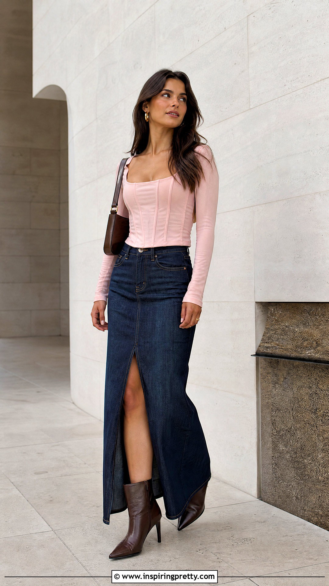 Pink Long Sleeve Corset Top With Denim Maxi Skirt - 20 pink corset top long sleeve outfit ideas
