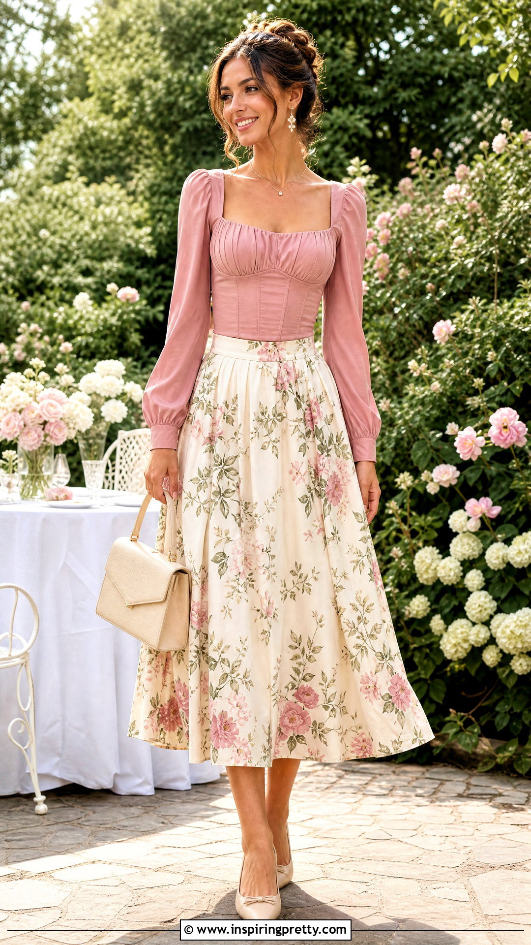 Pink Long Sleeve Corset Top With Floral Midi Skirt - 20 pink corset top long sleeve outfit ideas