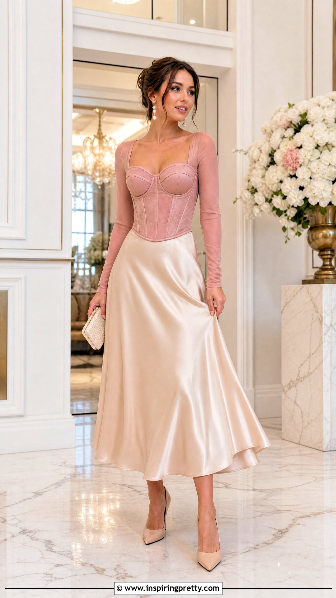 Pink Long Sleeve Corset Top With Satin Midi Skirt - 20 pink corset top long sleeve outfit ideas