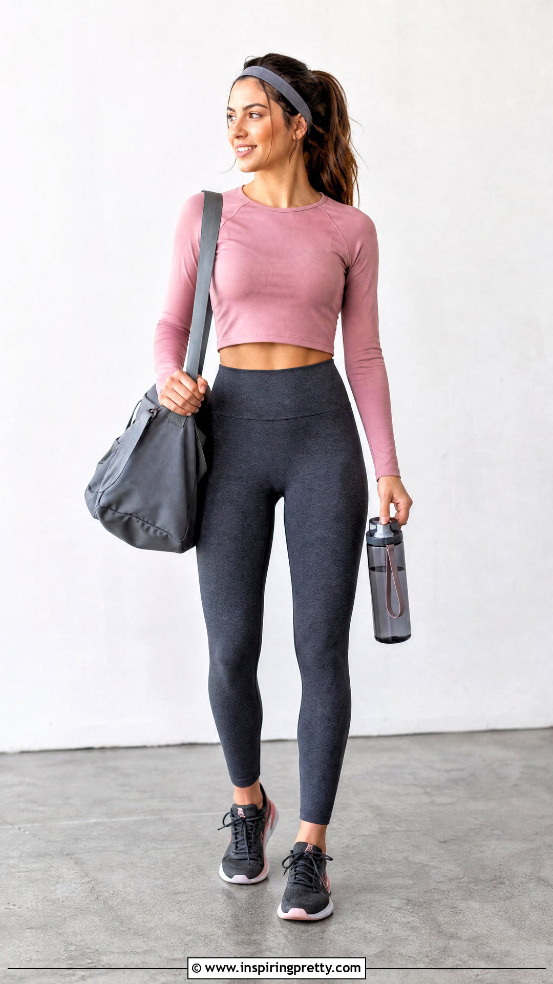 Pink Long Sleeve Crop Top With Charcoal Leggings - 25 Long Sleeve Crop Top Workout outfit ideas