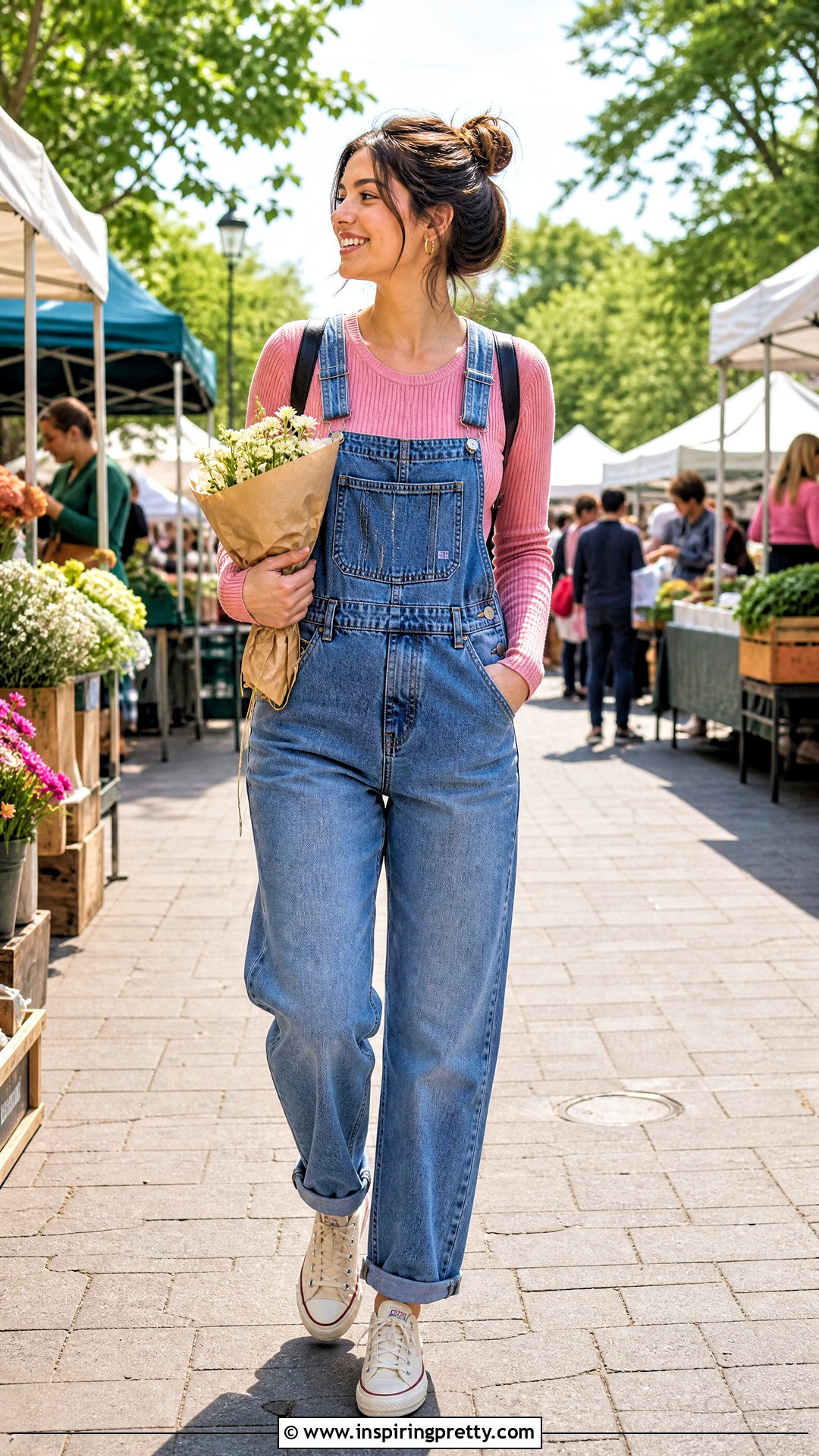 Pink Long Sleeve Top With Denim Overalls - 20 casual pink top fashion ideas