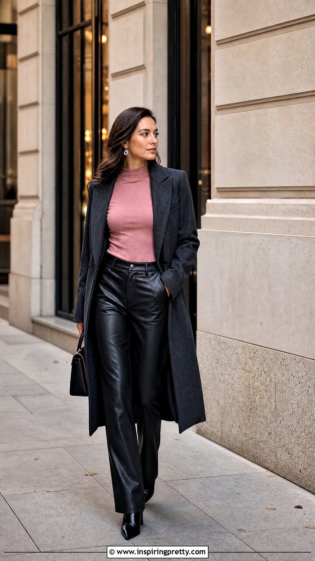 Pink Long Sleeve Top With Leather Pants - 50 cute pink tops outfit ideas